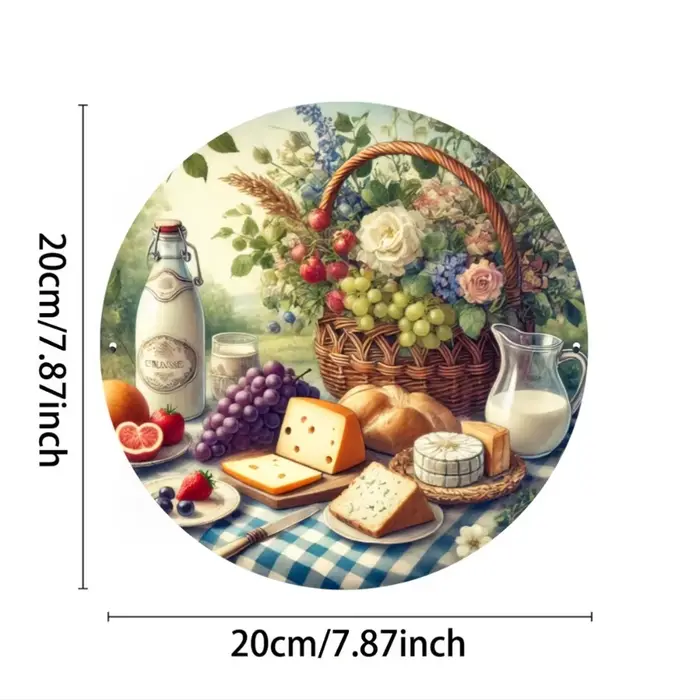 Assiette murale décorative rustique sur le thème de la nourriture - Art rond en aluminium de 8x8 pou