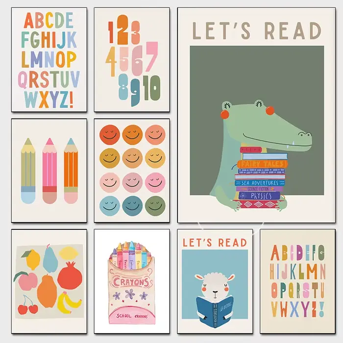 Affiches colorées de lecture pour enfants, imprimés modernes pour salle de classe d'enfant en bas âge, peinture sur toile, images murales, décor de maison pour chambre d'enfant