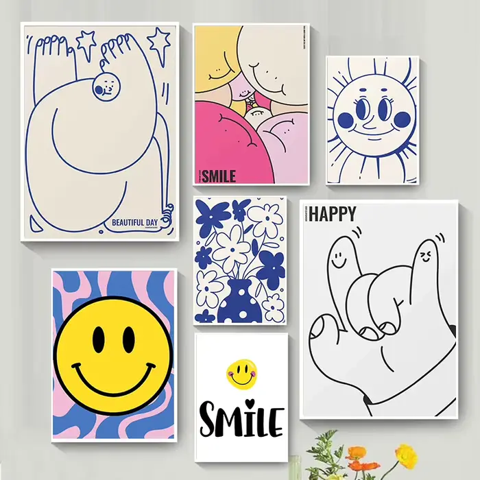 Affiche d'art bohème minimaliste avec motif de sourire de dessin animé