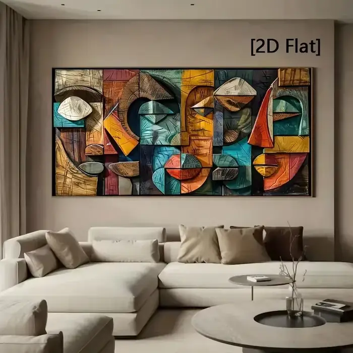 [2D plat] Décoration murale d'art en bois géométrique abstrait moderne – Impression sur toile sans cadre avec des tons