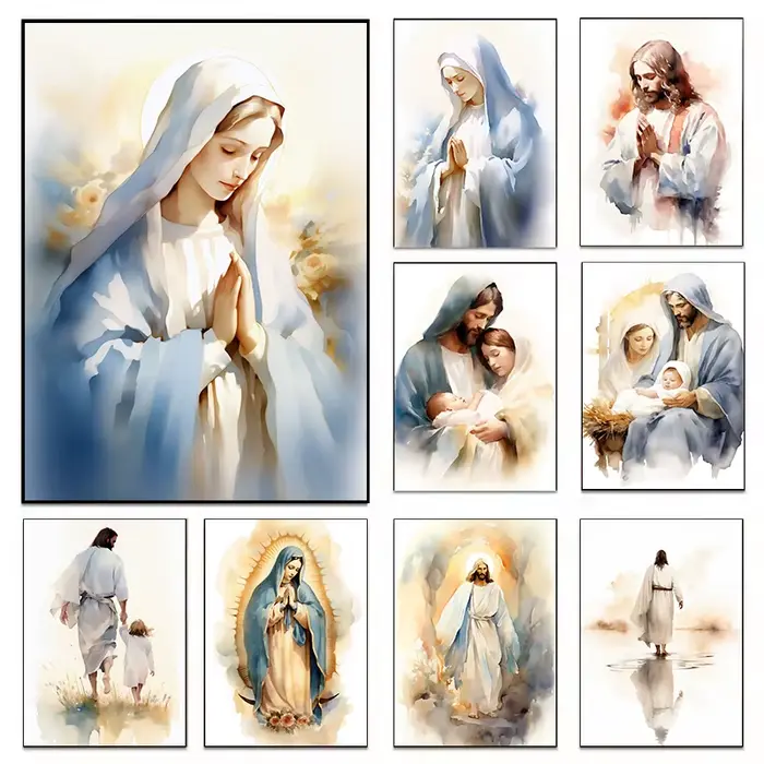 Affiche de prière aquarelle catholique vierge marie et enfant jésus