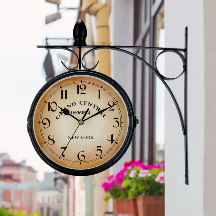 Station de Train Double face, horloge murale étanche pour jardin rétro en fer forgé, horloge murale 
