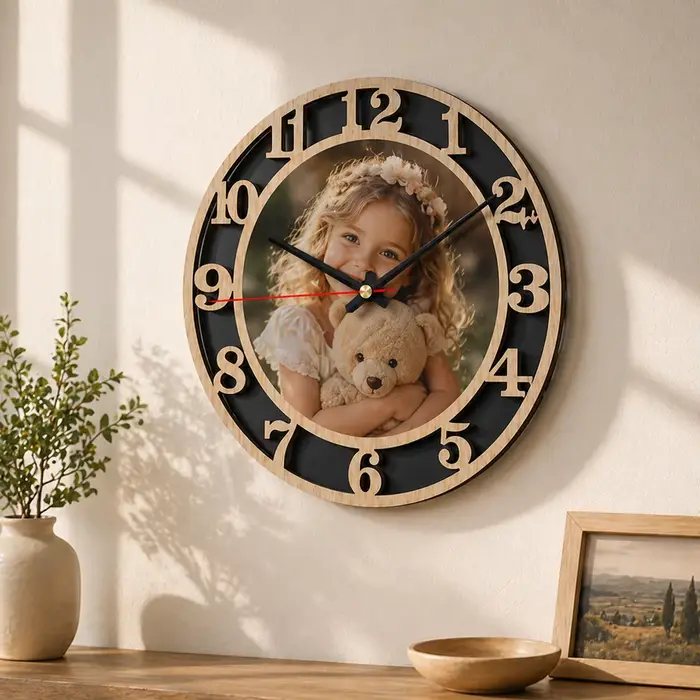 Horloge murale personnalisée avec photo, grande horloge silencieuse en bois et acrylique 3D, horloge