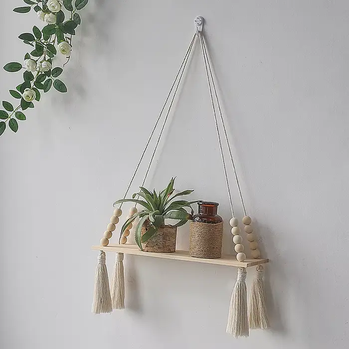 Étagères murales flottantes en macramé en bois