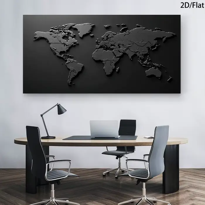 1 Murale abstraite moderne en relief de la carte du monde - Affiche sur toile imprimée noir et blanc