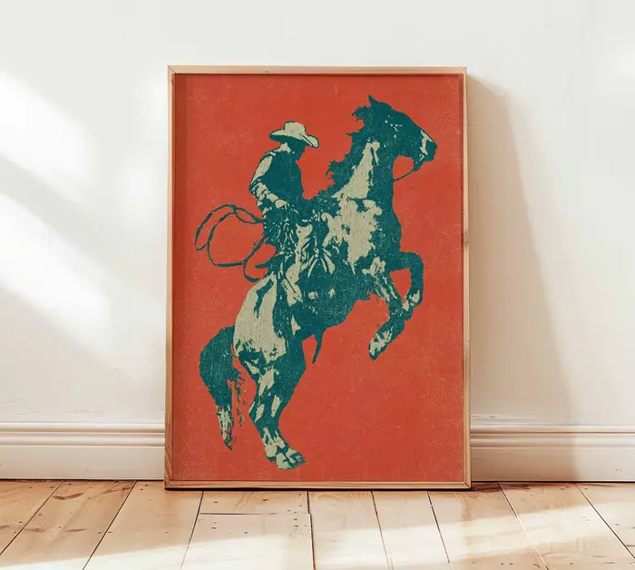 Affiche Cowboy, Art Mural Western, Impression Rustique Chevalier à Cheval, Décoration Rodeo Vintage,