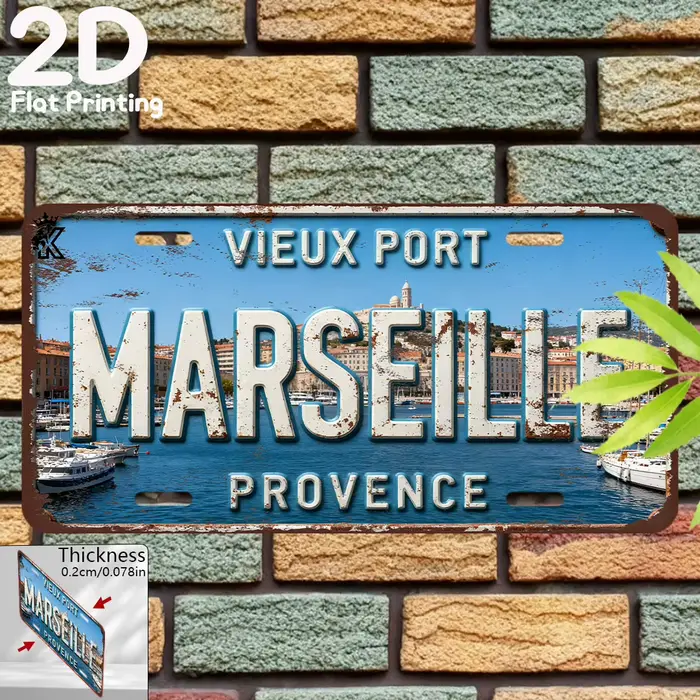 Décoration murale en aluminium style plaque d'immatriculation, imprimée en 2D, représentant une scèn