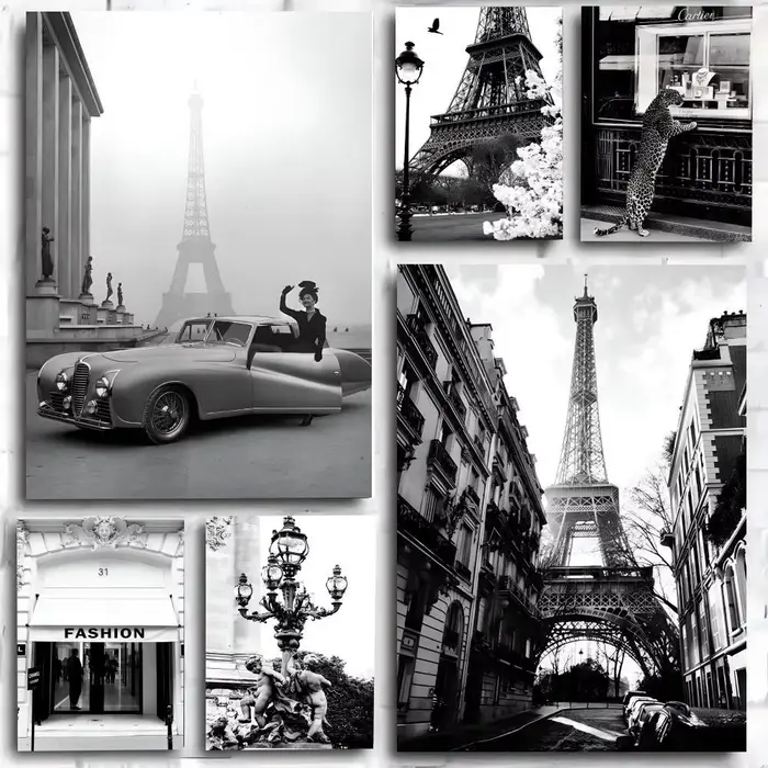 Affiche d'art de style anime, noir et blanc, à la mode, sur l'architecture rétro de Paris, la tour Eiffel, décoration de maison, décoration de chambre parfaite