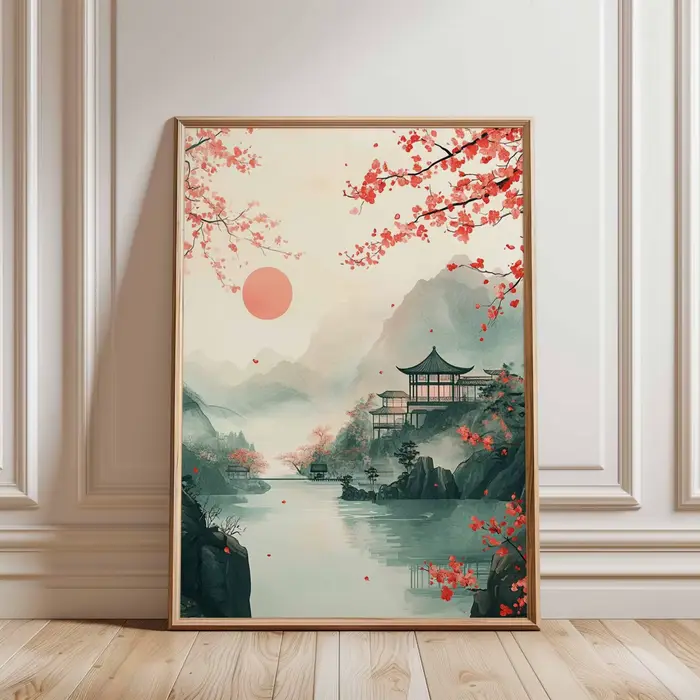 Affiche imprimée sur toile avec motif de fleurs de cerisier japonaises, style Japandi, paysage vinta