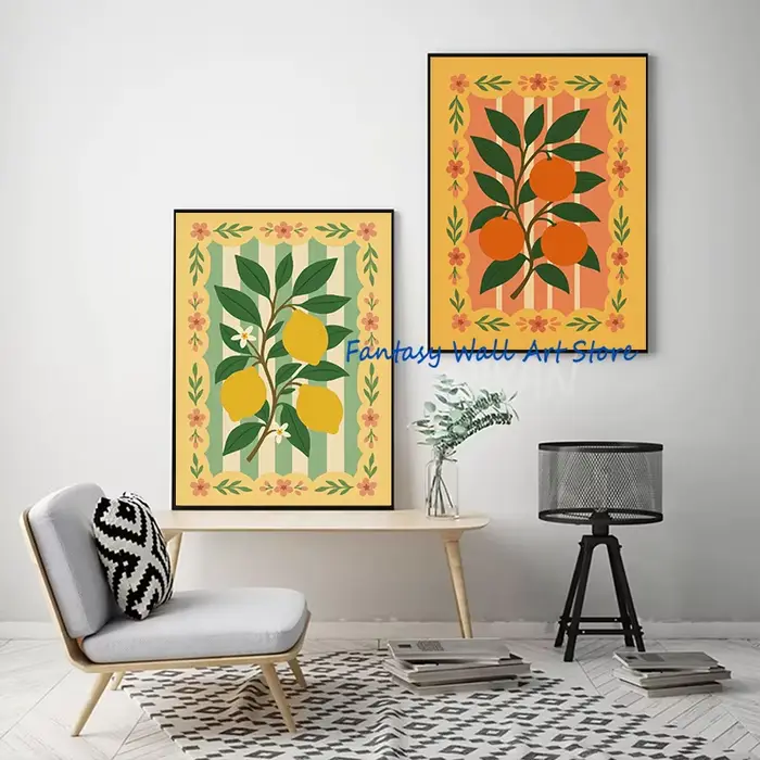 Fruits Vintage Art populaire fraise cerise citron myrtille Orange Folk imprime affiche toile peinture mur photos cuisine décor