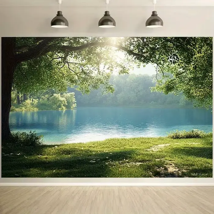 Peinture de paysage de lac serein - Fond d'écran avec arbre vert, idéal pour la décoration intérieur
