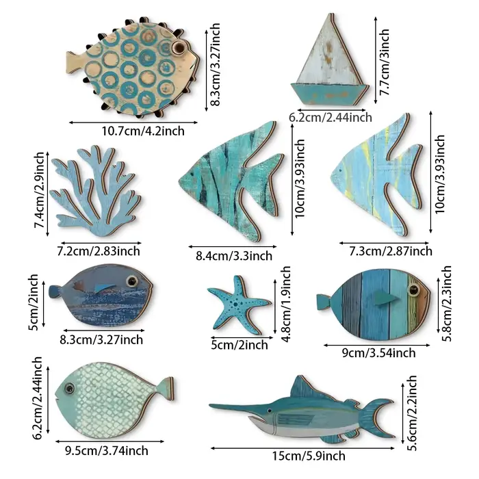 Décoration murale océan en bois fabriquée à la main – Ensemble poisson