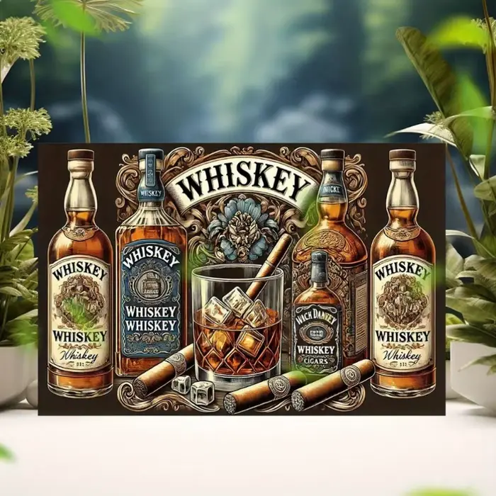 Panneau métallique d'avertissement rétro «tableau à cigares au vin au whisky», décor de cadre orné avec bouteilles et cigares, idéal pour Bar/cuave d'homme