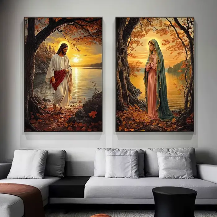 Peinture sur toile du Sacré-Cœur de Jésus et de la Vierge Marie