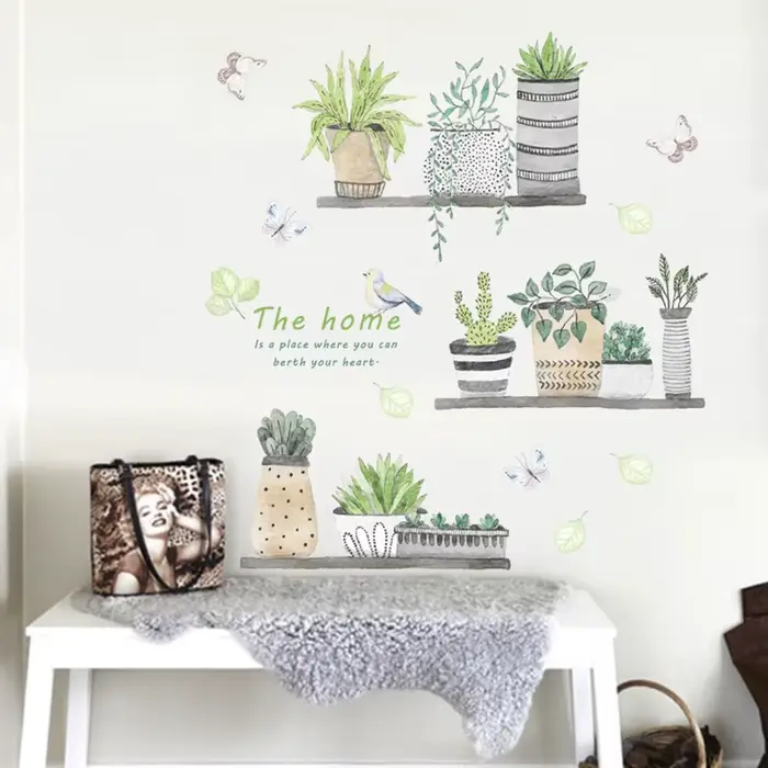 Autocollant Mural de Style peinture de plantes en pot, Stickers artistiques, décorations de fond de 