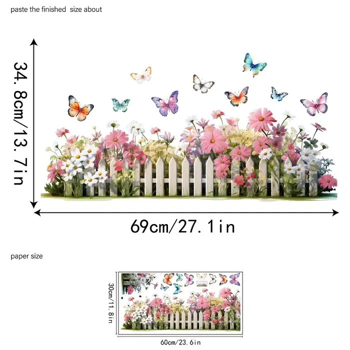 Autocollant mural de clôture à motifs de fleurs sauvages, Décoration murale autocollante à peler et