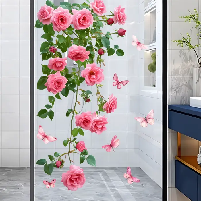 Autocollant de fenêtre de vigne de fleur 1 pièce, design de rose rose et de papillon, autocollant mu