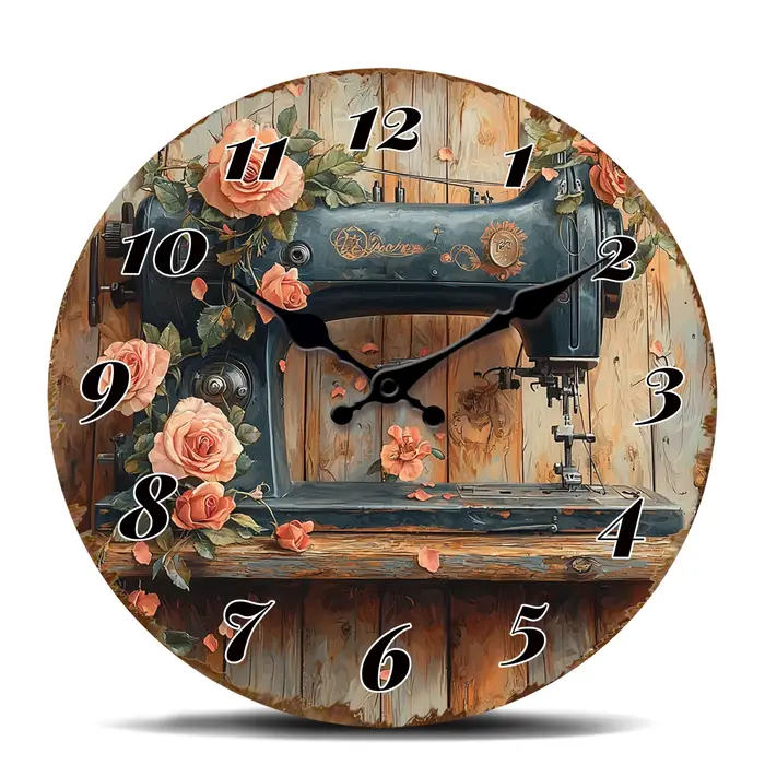 Horloge murale ronde vintage avec machine à coudre et roses - Horloge décorative artisanale rétro av