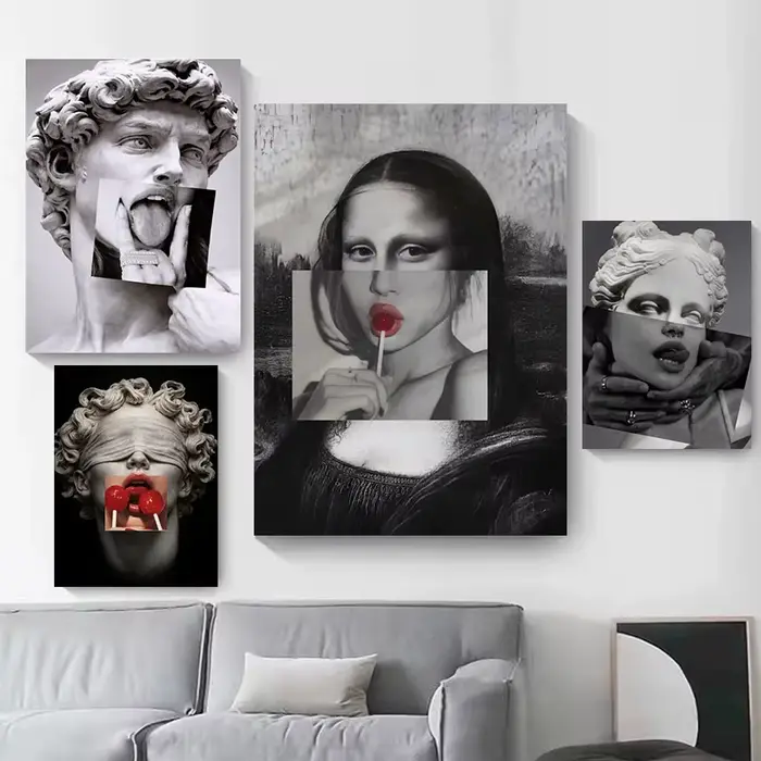 Affiche Pop Art Mona Lisa dans un style collage moderne avec sucette et esthétique rétro-surrealiste