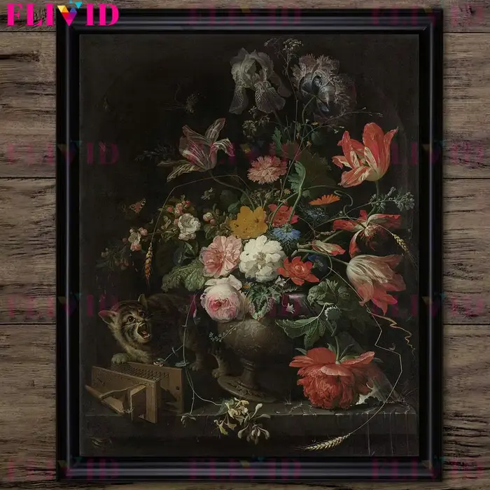 Affiche d'art de bouquet de fruits et de panier de fleurs d'époque victorienne, impression murale de