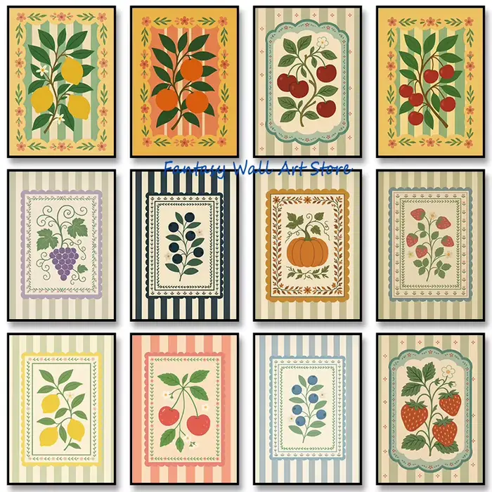Fruits Vintage Art populaire fraise cerise citron myrtille Orange Folk imprime affiche toile peinture mur photos cuisine décor