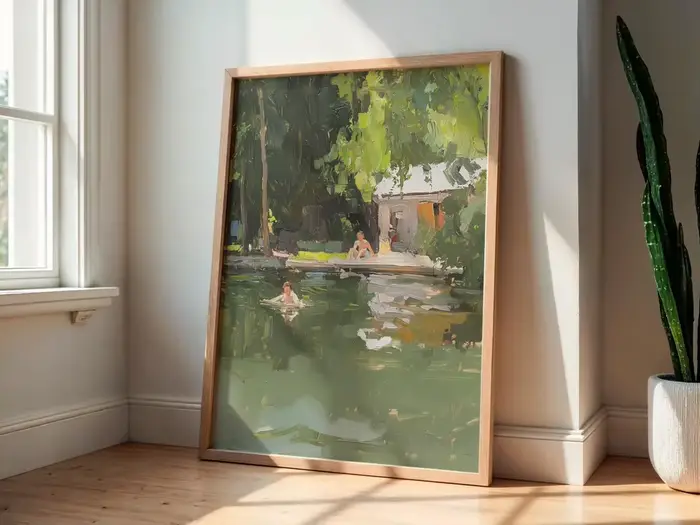 Impressionniste - Tableau mural décoratif sur le thème du lac d'été - Peinture à l'huile expressive d'une scène au bord