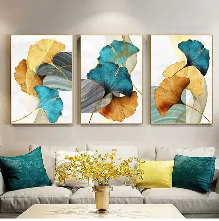 Image moderne décor de salon bleu vert jaune or plante feuille abstraite nordique toile impression mur Art peinture