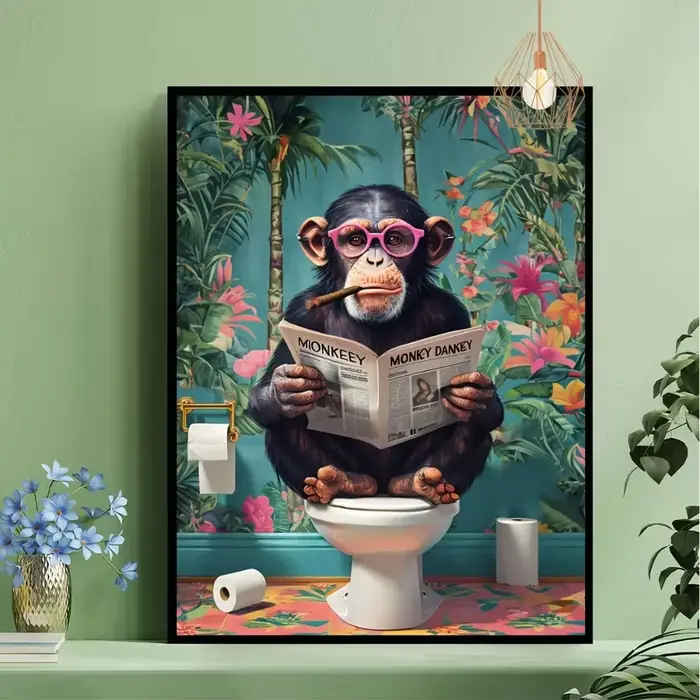 Un gorille drôle sans cadre lisant un journal sur la peinture sur toile des toilettes pour la décoration artistique du