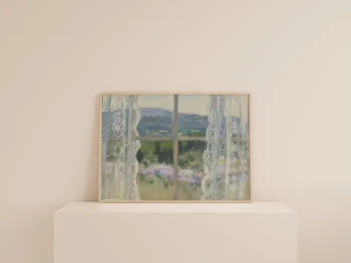 Tableau mural en dentelle avec vue sur une prairie - Impressionniste rêveuse d'une fenêtre surplombant