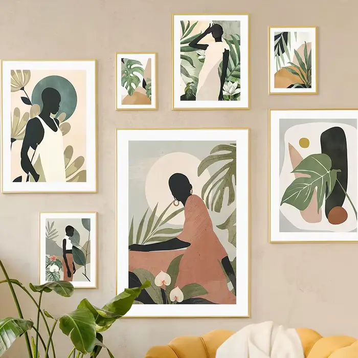 Peinture sur toile abstraite de femme africaine avec feuilles