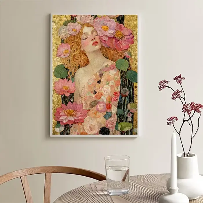 Affiche de femme de beauté avec couronne de pivoine
