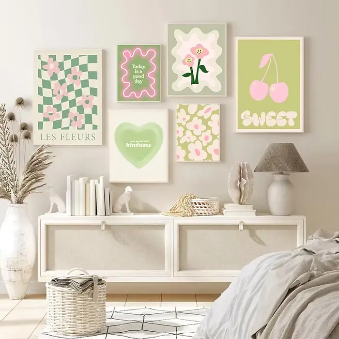 Boho vert coeur mode mur Art coloré cerise rose