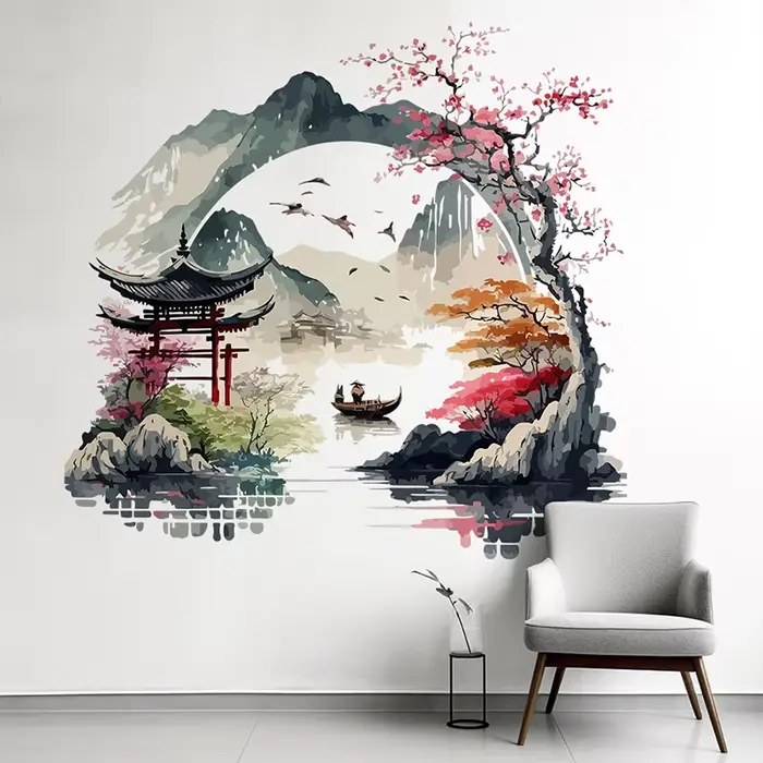 🎊 Autocollant mural Paysage Oiseaux Montagne Rivière pour Fond de Mur
