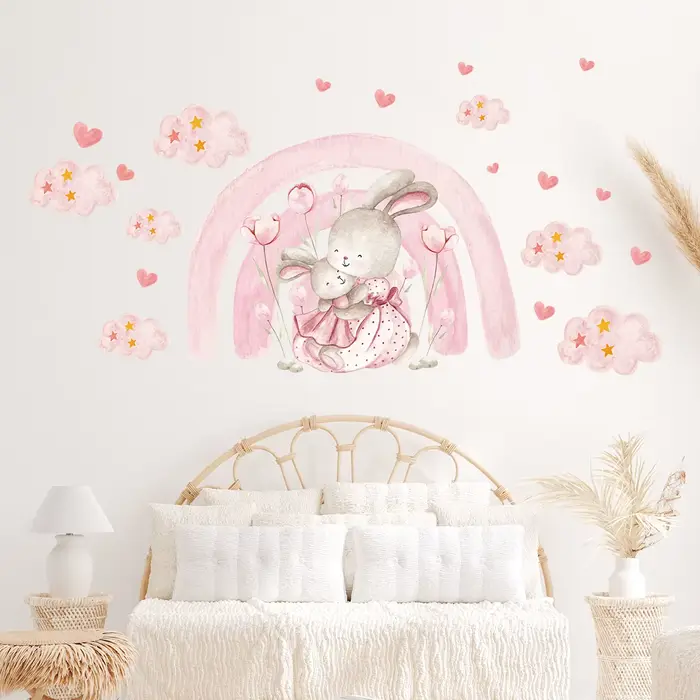 Autocollants muraux de nuages de ballon rose de lapin mignon de dessin animé, 2 pièces, décor de cha