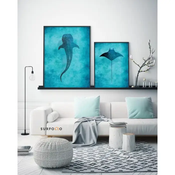 Aquarelle bleue océan organisme marin baleine requin Manta rayons affiche mer plage Surf toile peinture mur Art pour chambre décor à la maison