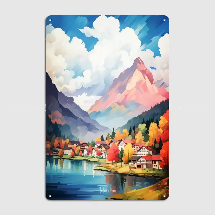 INTERLAKEN Affiche Métallique Rétro Paysage Touristique Peinture à l'Huile Décoration Murale Intérieure pour Club et