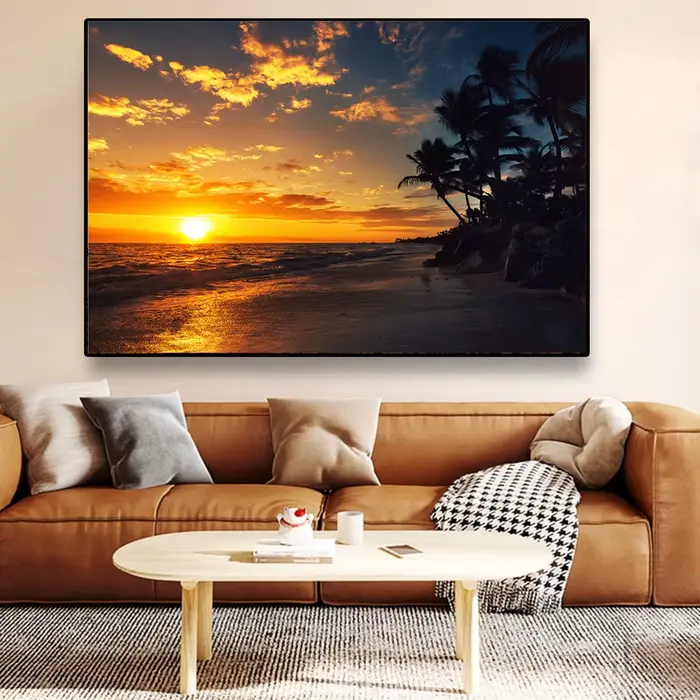 Toile de peinture avec nuages de coucher de soleil de plage, arbre de noix de Coco, affiches et imprimés, Image de paysage marin de lever du soleil, décoration de maison, salon, chambre à coucher