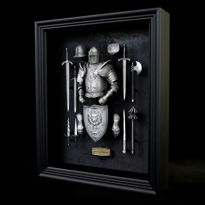 Cadre photo en résine époxy fait main et peint à la main, représentant une armure de chevalier médiéval anglais-français, décoration de bureau et de maison