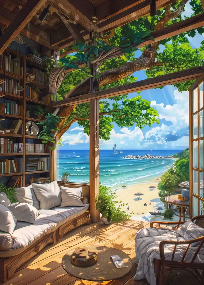 Affiche de paysage d'été de bord de mer de dessin animé moderne, Villa côtière, vie sur la plage, pe