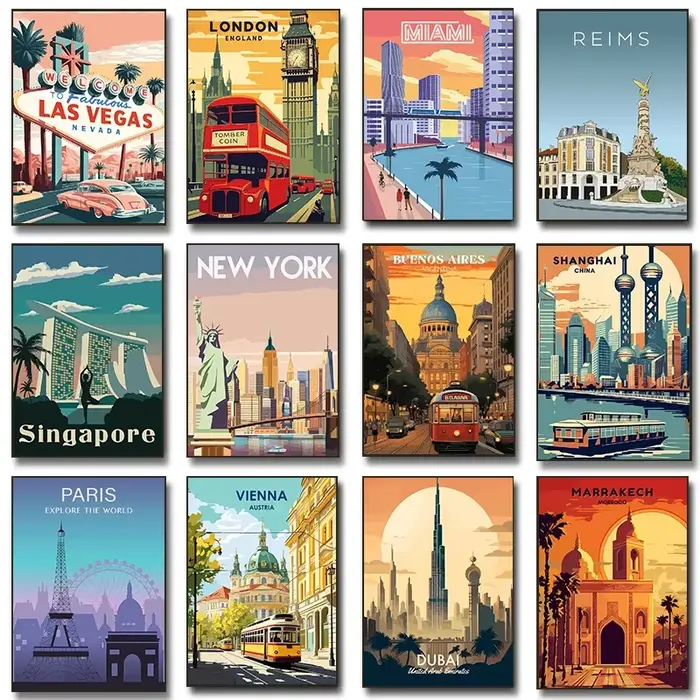 Affiches de scène de rue de paysage urbain rétro vibrant