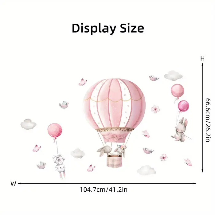 Autocollants muraux de nuages de ballon rose de lapin mignon de dessin animé, 2 pièces, décor de cha