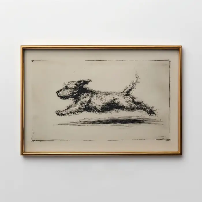 Motif rétro de chien en course, croquis de terrier antique, peinture artistique de chiot en course,