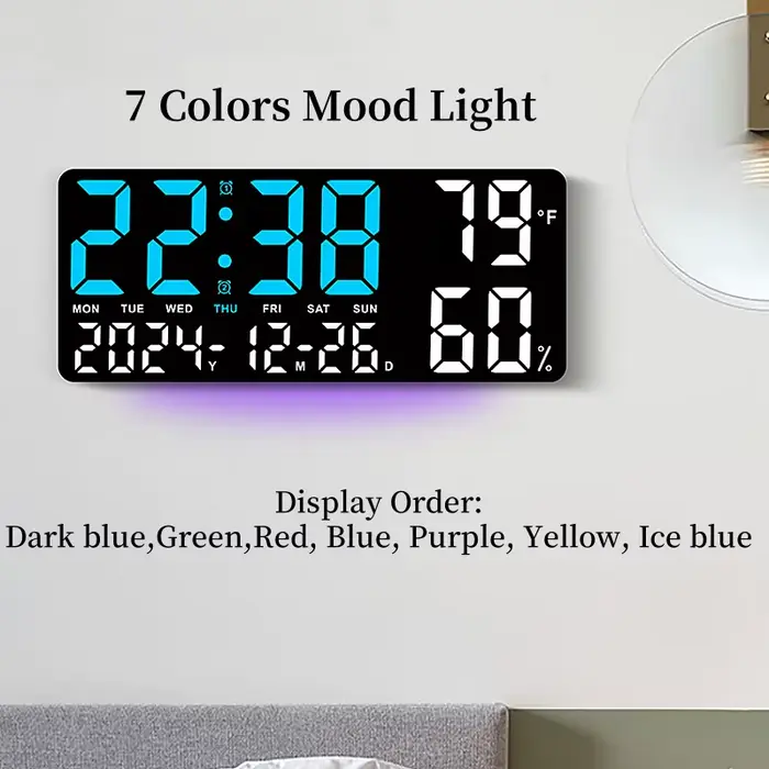 Grande horloge murale numérique avec 7 couleurs