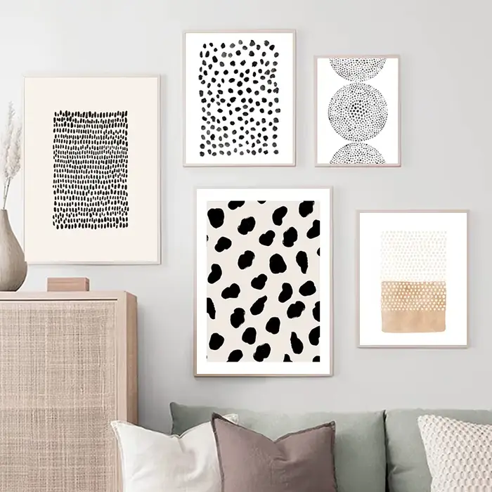 Peinture abstraite d'aquarelle à points noirs et blancs, affiche sur toile moderne et minimaliste pour chambre à coucher, image murale, décor artistique pour salon