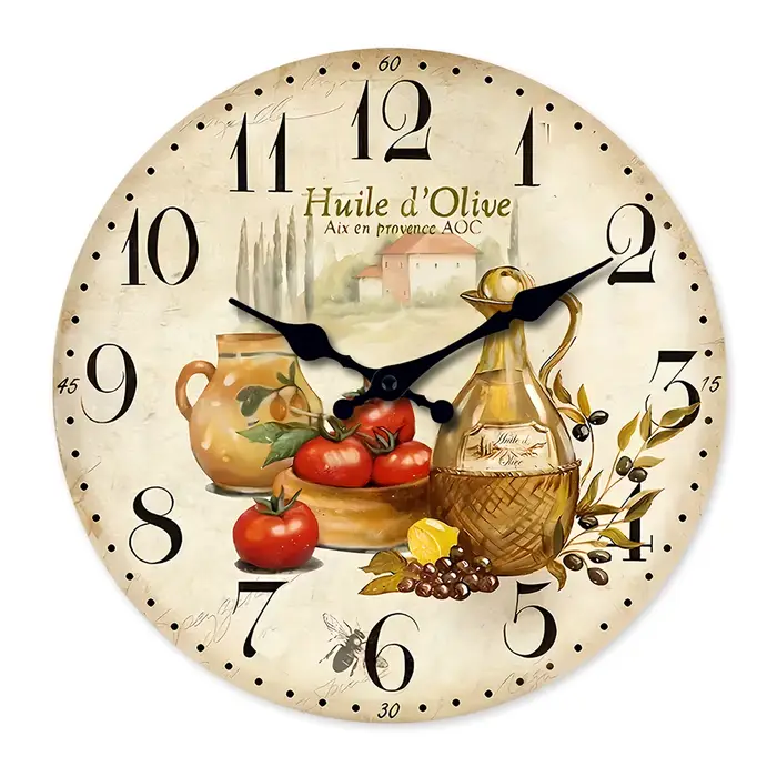 Horloge murale en bois vintage motif huile d'olive et tomate, style Provence, pour salon, chambre, c