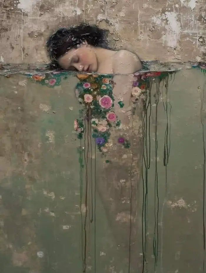 Mihail Zablodski travail Vintage pétales femme élégante dans l'eau Art affiches imprimer rêveur femm
