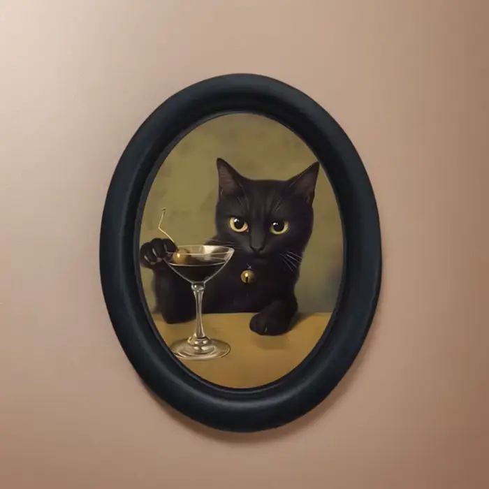 1 décoration murale vintage représentant un chat noir buvant un cocktail martini, décoration encadré