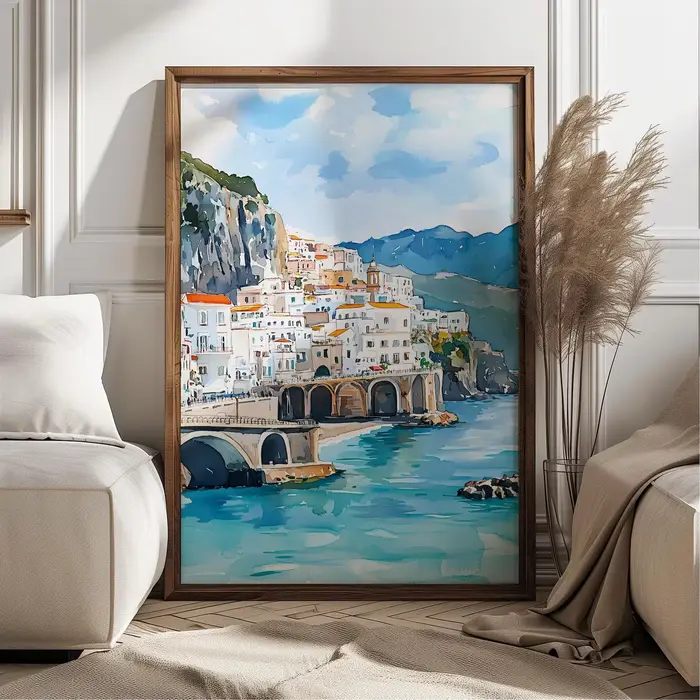 Aquarelle Amalfi Coast Italie Art Print, décoration murale de paysage côtier brillant, illustration de ville de bord de mer italienne, T méditerranéen