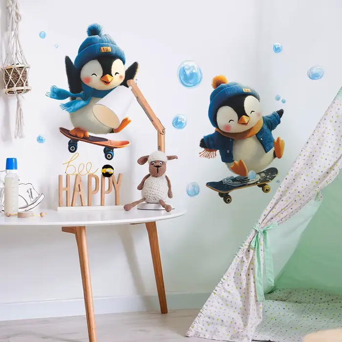 Autocollant Mural de skateboard pingouin de dessin animé