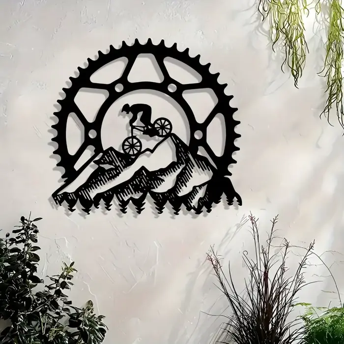 Art mural de motard de montagne en métal, décor de paysage d'aventure de cyclisme Vintage pour intér